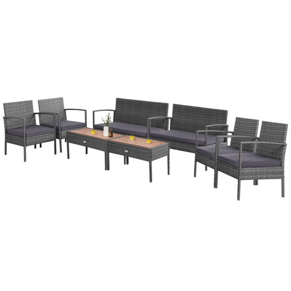 Gymax 8PCS Rattan Patio Conversation Furniture Set w/ Acacia Wood Tabletop & Cushions