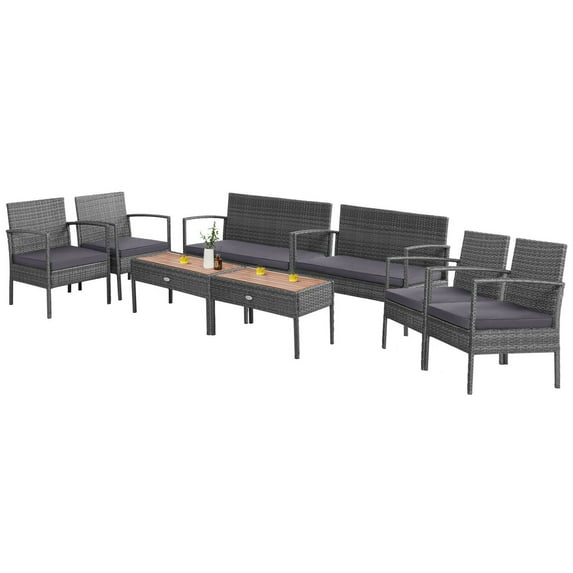 Gymax 8PCS Rattan Patio Conversation Furniture Set w/ Acacia Wood Tabletop & Cushions