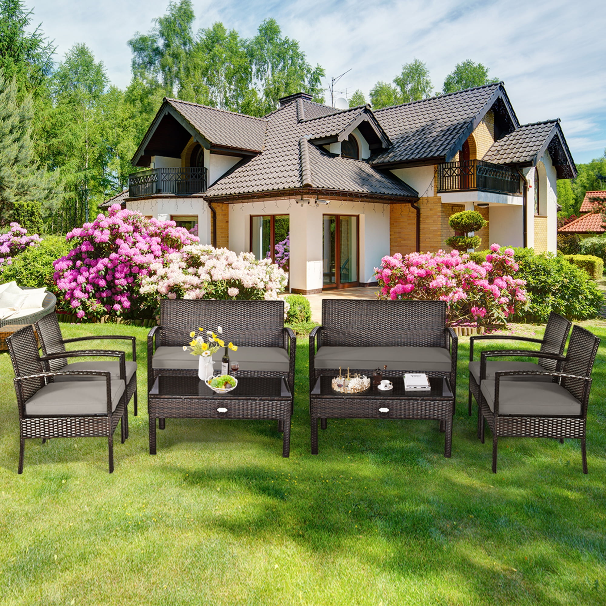 8-Piece Black PE Rattan Patio Conversation Set with Cushions