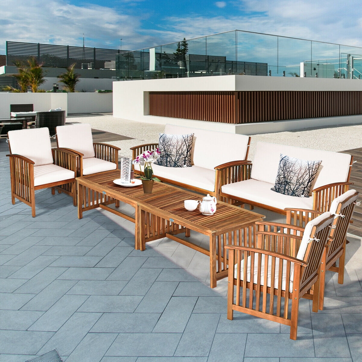 Gymax 8PCS Wooden Patio Conversation Set Outdoor Furniture Set w/ Cushions White