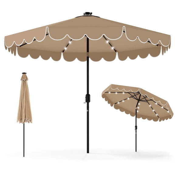 Gymax 9.3 FT Solar Patio Umbrella w/ 32 LED Lights & Vented Top & Ruffles Coffee