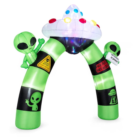 Gymax 9.8 FT Alien Halloween Inflatable Archway w/Lights Waving Alien UFO 4 Wind Ropes Green