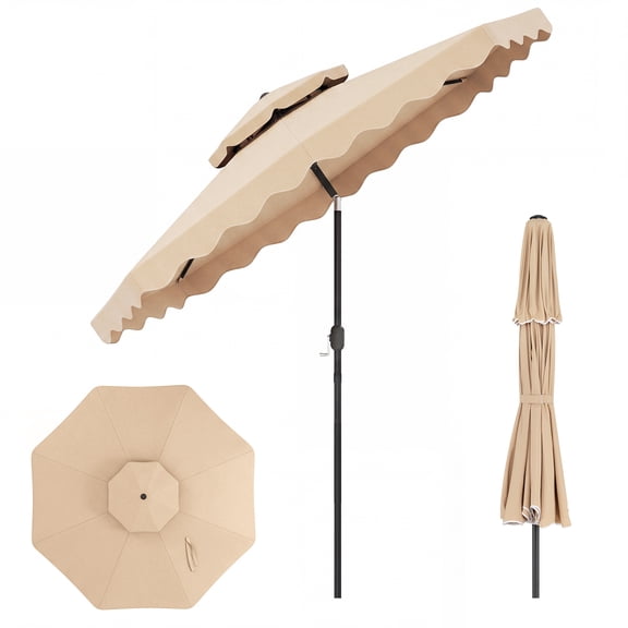 Gymax 9 FT Patio Umbrella w/Push Button Tilt & Crank 2-Tier Vented Top 8 Metal Ribs Beige
