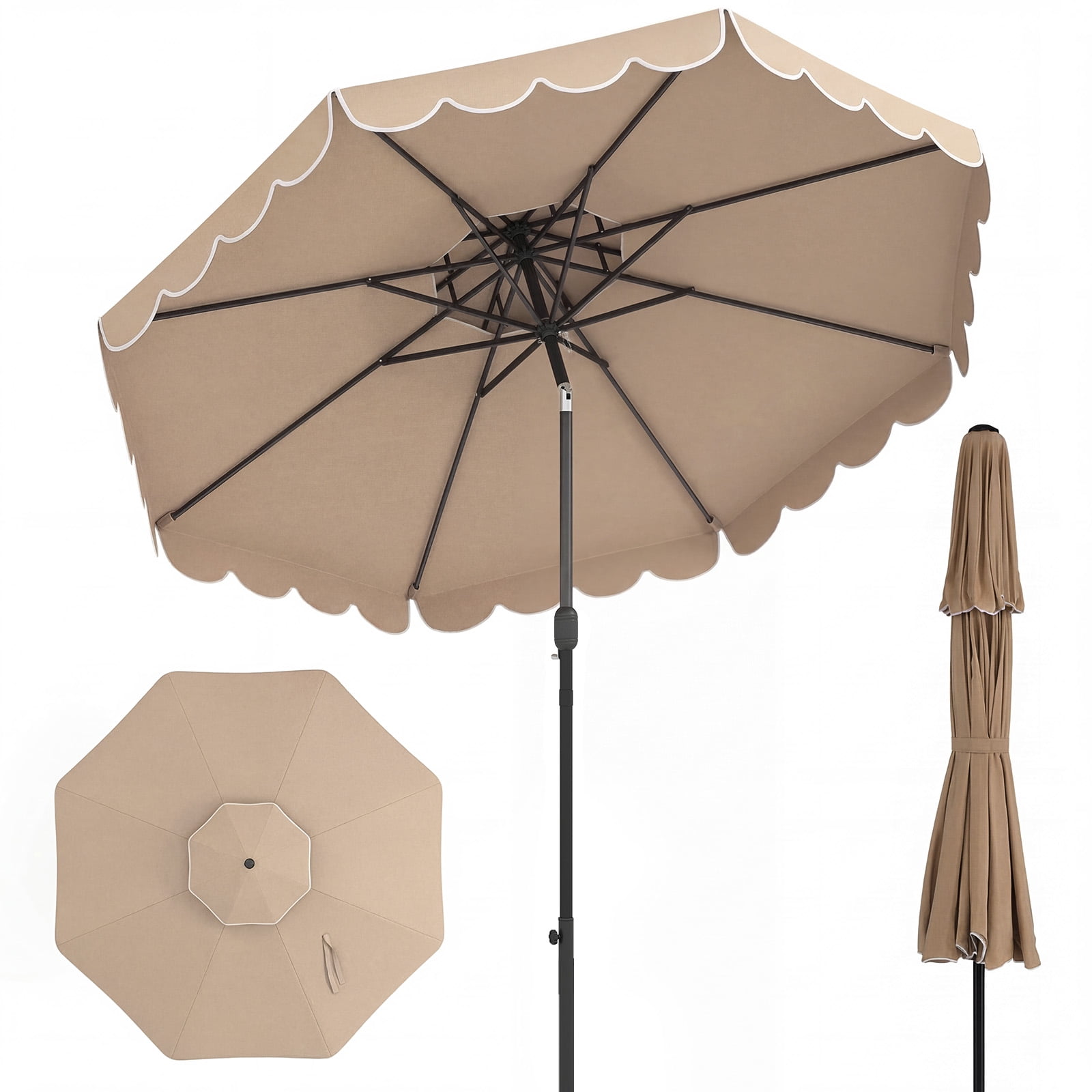Gymax 9 FT Patio Umbrella w/Push Button Tilt & Crank 2-Tier Vented Top 8 Metal Ribs Brown