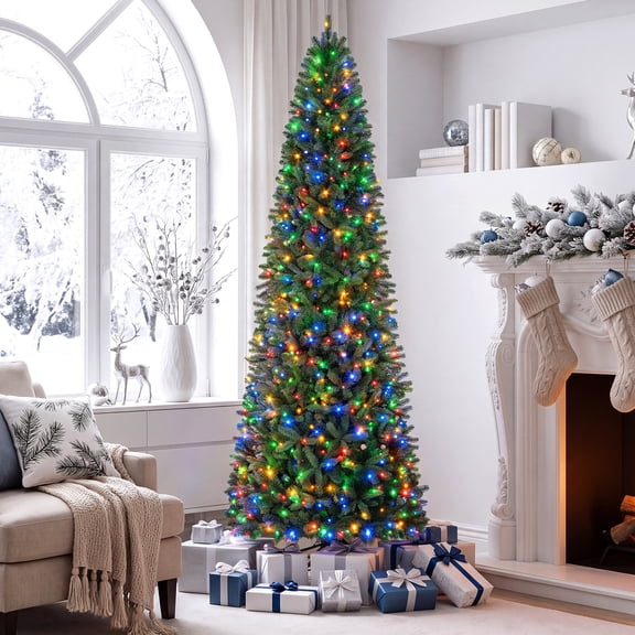 Gymax 9 FT Pencil Alpine Christmas Tree w/ 1345 Full Branch Tips 550 LED Lights Green