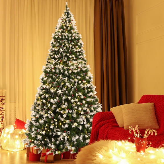 Gymax 9 FT Pre-lit Snow Sprayed Christmas Tree Artificial Xmas Tree w/ 8 Lighting Modes