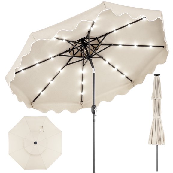 Gymax 9 FT Solar LED Outdoor Umbrella Push-Button Tilt & Crank 24 LED Lights & 8 Ribs Beige