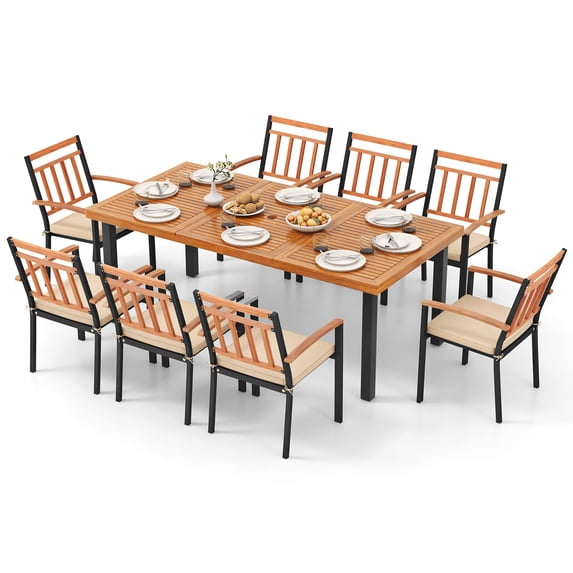 Gymax 9 PCS Patio Dining Set w/ Soft Cushions and 1.9'' Umbrella Hole for Garden