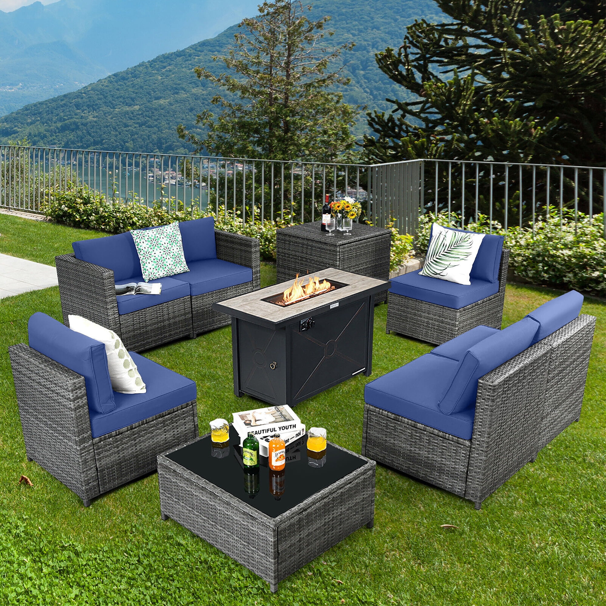 Gymax 9 PCS Patio Rattan Furniture Set Fire Pit Table Gymax 9 PCS Patio Rattan Furniture Set Fire Pit Table