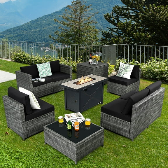 Gymax 9 PCS Patio Rattan Furniture Set Fire Pit Table Storage Grey W/ Cover Black
