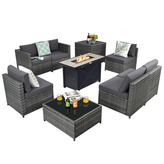 Gymax 9 PCS Patio Rattan Furniture Set Fire Pit Table Storage Grey W/ Cover Grey