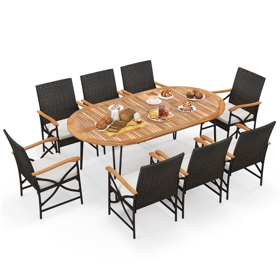 Gymax 9 PCS Rattan Dining Set Acacia Wood Table & 8 Patio Wicker Armchairs Patio