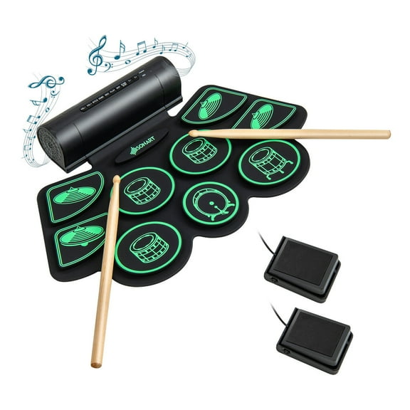 Gymax 9 Pads Electronic Drum Set Roll Up Drum Kit w/ MIDI & Dual Stereo Speakers Green