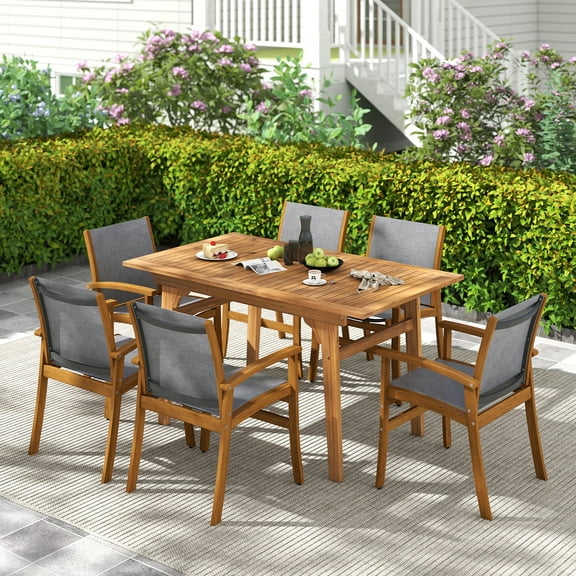 Gymax 9-Piece Acacia Wood Outdoor Dining Set for 6-8 w/ 1.97'' Umbrella Hole