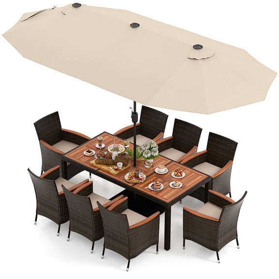 Gymax 9 Piece Patio Wicker Dining Set w/ Double-Sided Patio Beige Umbrella Stackable Chairs