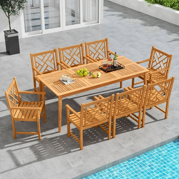 Gymax 9-Pieces Patio Dining Table Set w/8 Chairs Slatted Tabletop 1.96'' Umbrella Hole