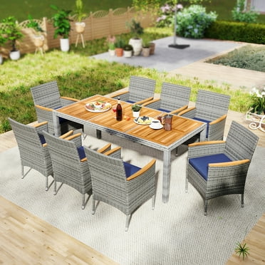 Gymax 9 Pieces Patio PE Wicker Dining Set Outdoor Acacia Wood Table & Chairs Navy