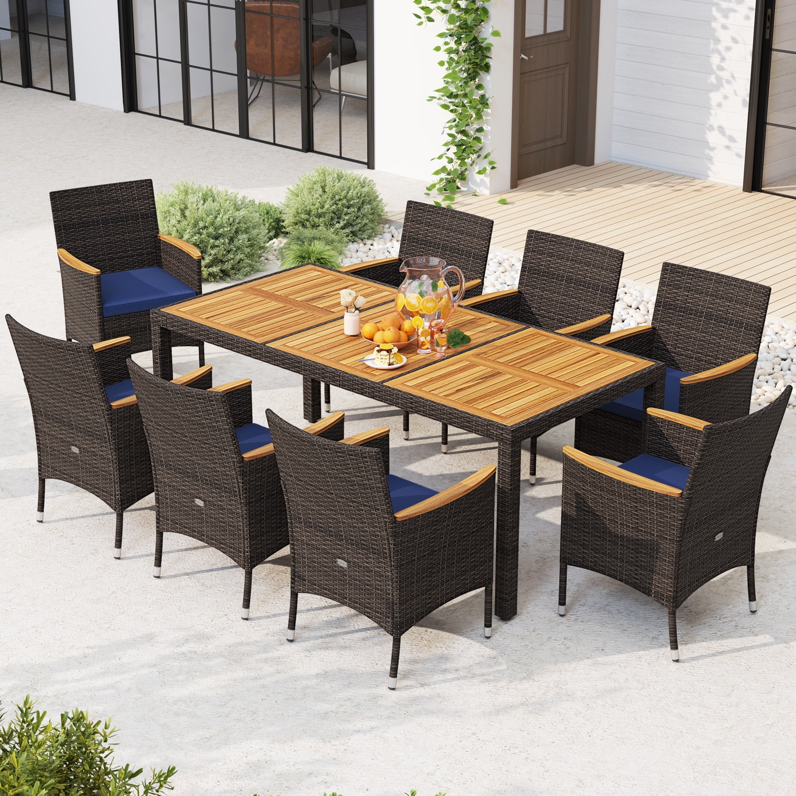Gymax 9 Pieces Patio PE Wicker Dining Set Outdoor Acacia Wood Table ...