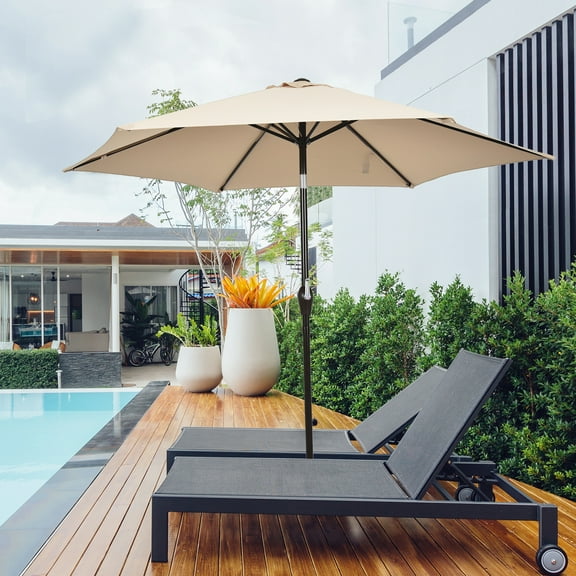 Gymax 9 ft Outdoor Patio Market Table Umbrella Garden Yard w/ Crank 6 Ribs Beige