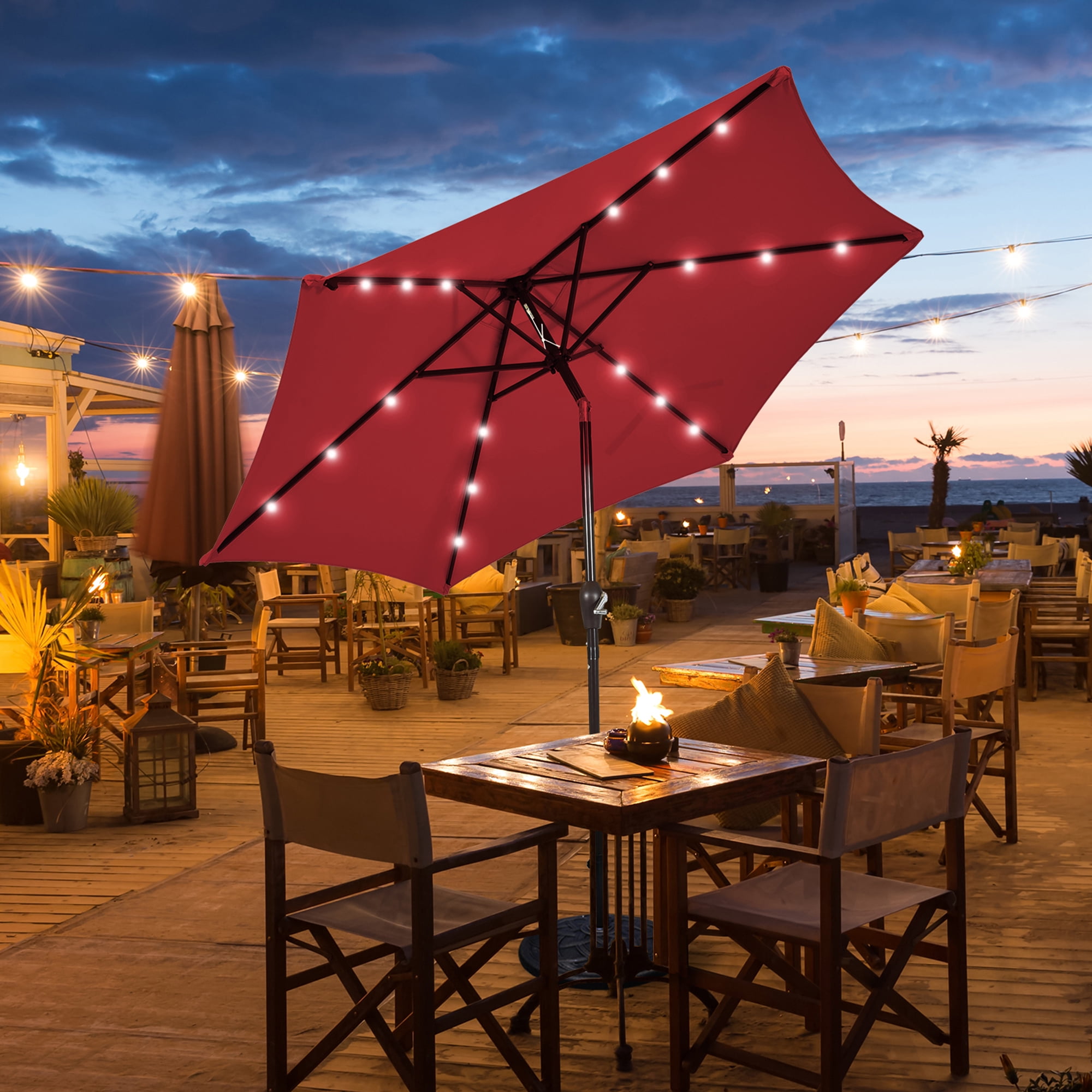 Gymax 9 ft Patio Table Market Umbrella Yard Outdoor w/ Solar LED Lights Burgundy