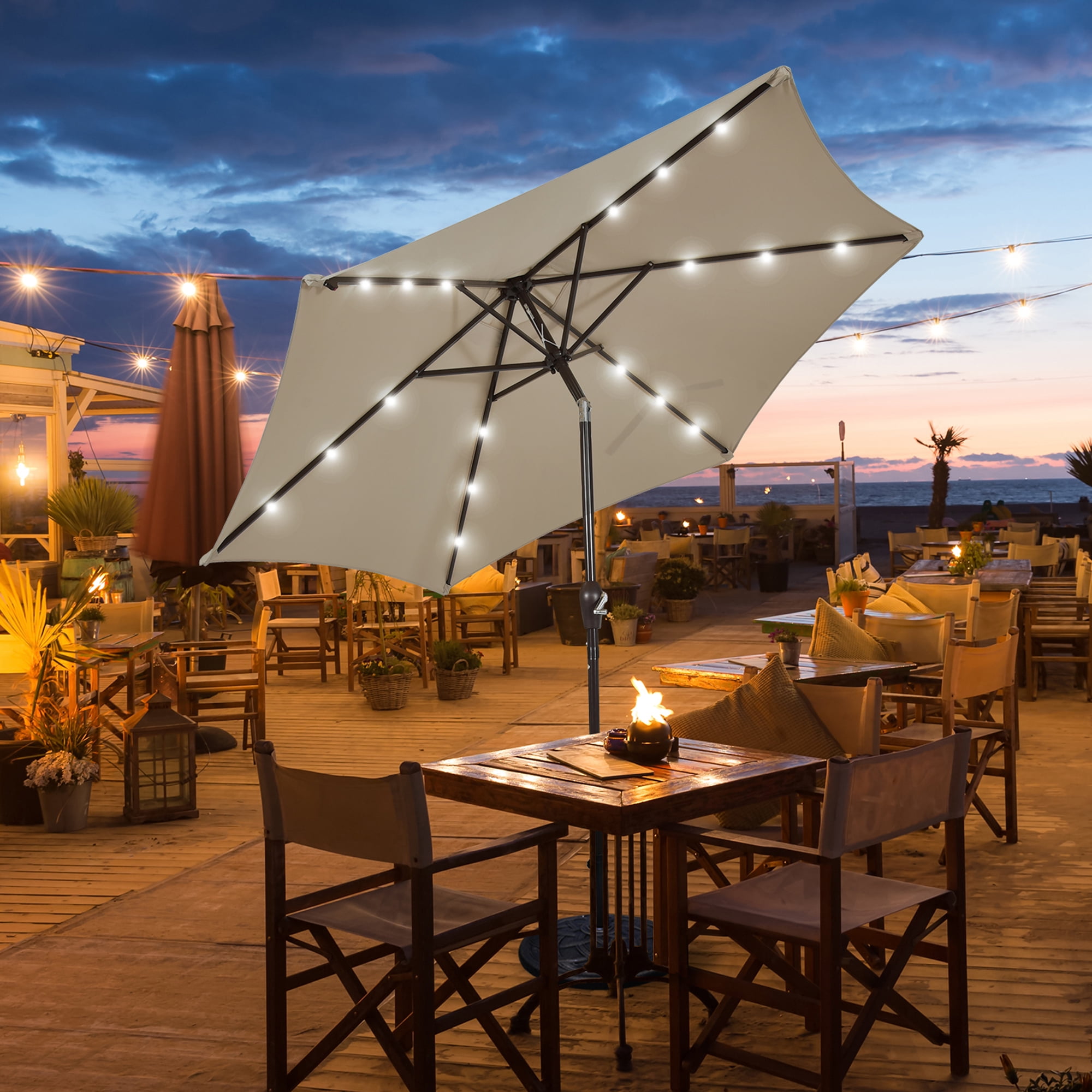 Gymax 9 ft Patio Table Market Umbrella Yard Outdoor w/ Solar LED Lights Tan