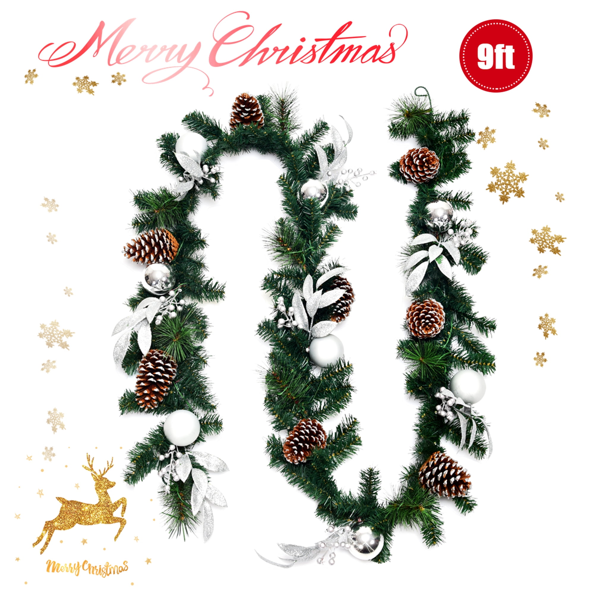 Gymax 9FT Pre-lit Christmas Decoration Garland Rattan w/ 50 LED Lights Timer