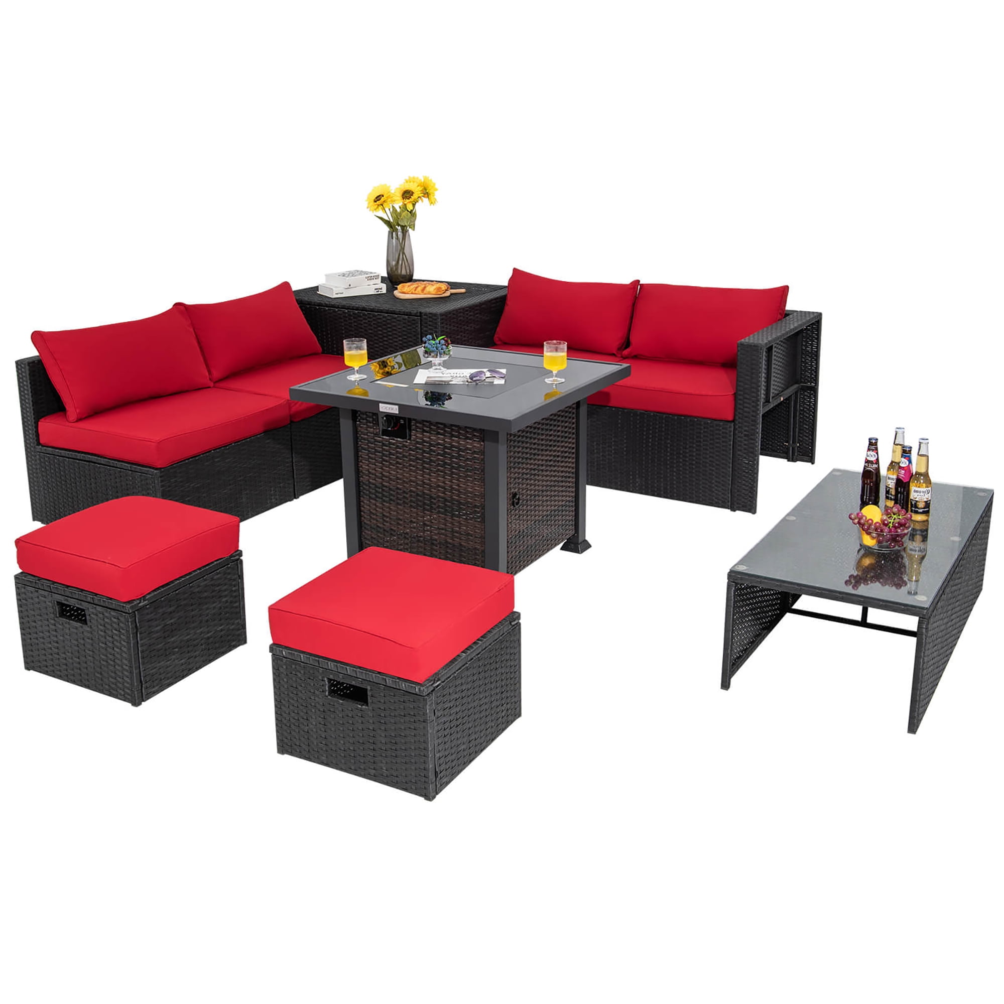 Gymax 9PCS Furniture Set w/ 32'' Fire Pit Table 50,000 BTU Square