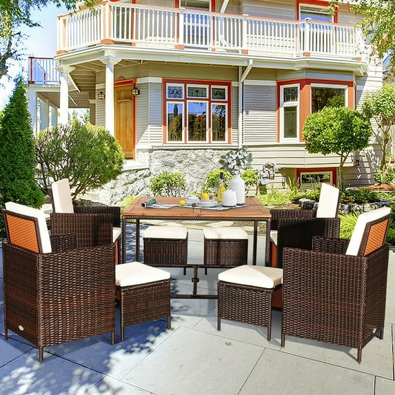 Gymax 9PCS Rattan Wicker Patio Dining Set Outdoor Furniture w/ Cushion