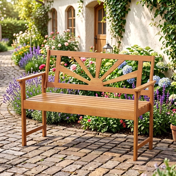 Gymax Acacia Wood Loveseat Bench 2-Seater Outdoor Garden Bench w/Backrest & Armrests