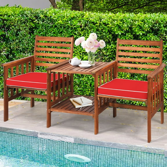 Gymax Acacia Wood Loveseat Patio Outdoor Conversation Set w/ Table Red Cushion