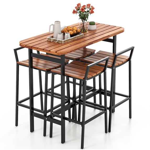 Gymax Acacia Wood Patio Table & Chair Set 5 Pcs Outdoor Dining Set w/ 1 Table & 4 Bar Height Chairs