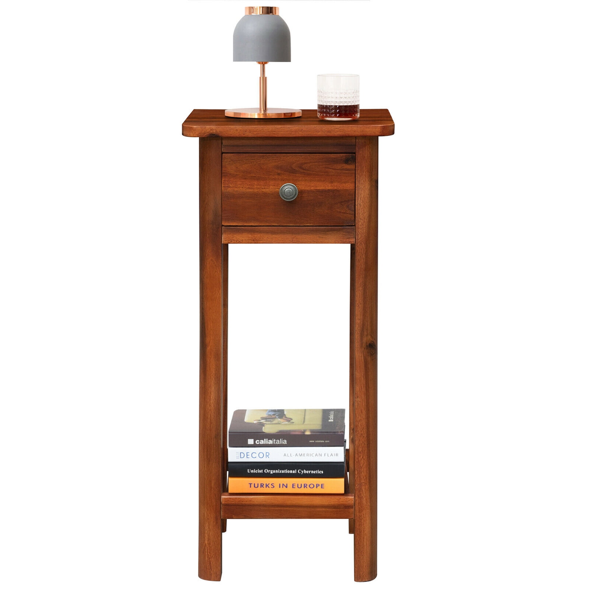 Gymax Acacia Wood Side Table with Drawer, Brown