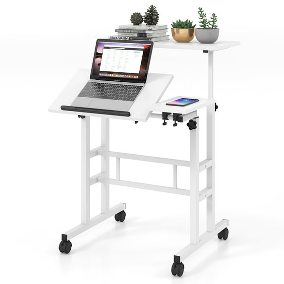 Gymax Adjustable Computer Desk Mobile Stand up Desk Tilting Workstation