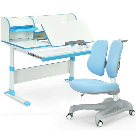 Gymax Adjustable Kids Study Desk Drafting Table Chair Set w/ Bookshelf Blue