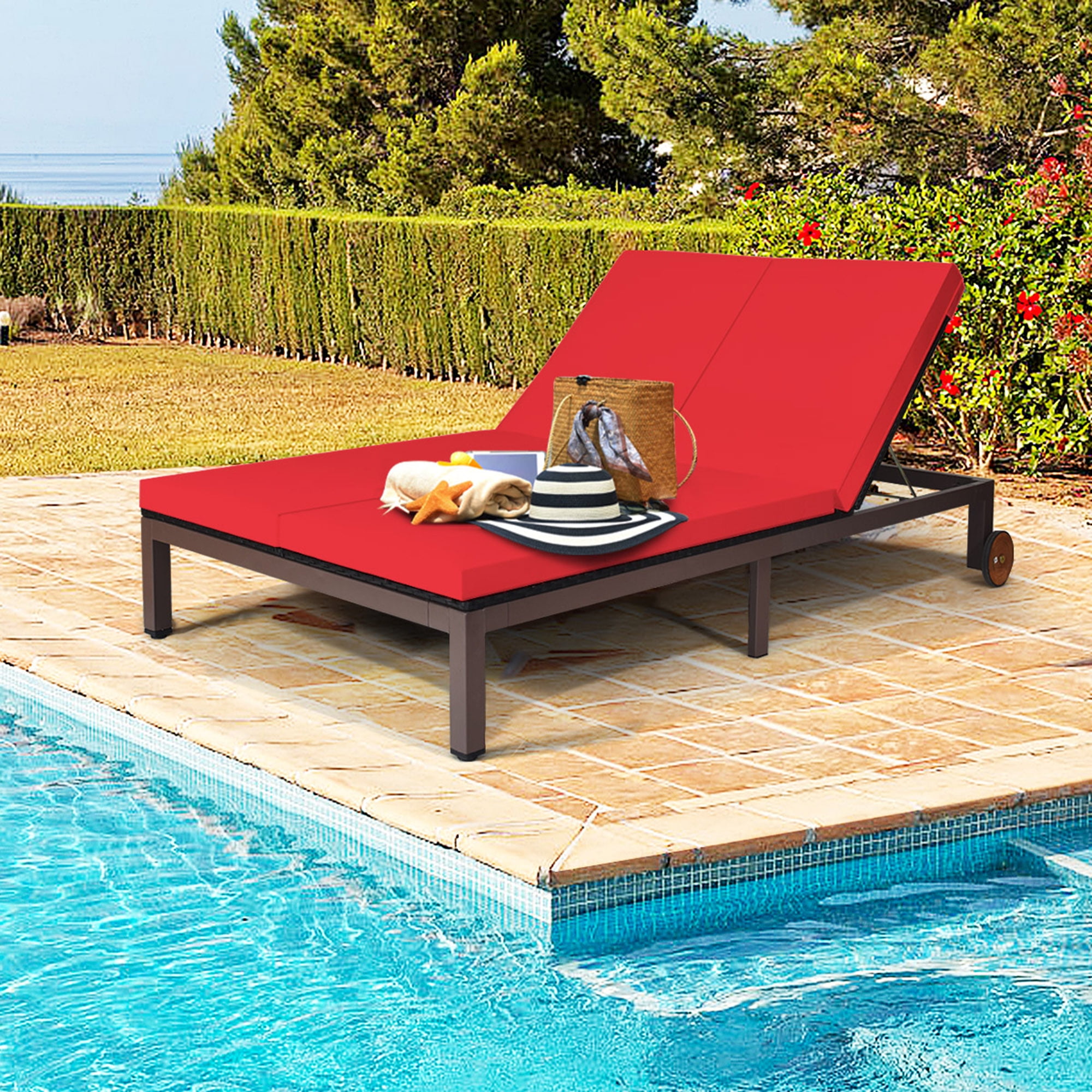 Red Adjustable Wicker Outdoor Recliner with Water Resistant Cushions