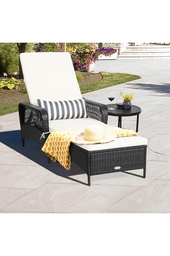 Adjustable Patio Rattan Lounge Chair Chaise Recliner w/ Cushion & Pillow