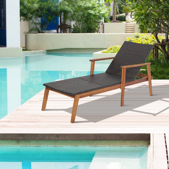 Gymax Adjustable Patio Rattan Lounge Chair Recliner Outdoor Chaise Acacia Wood Frame