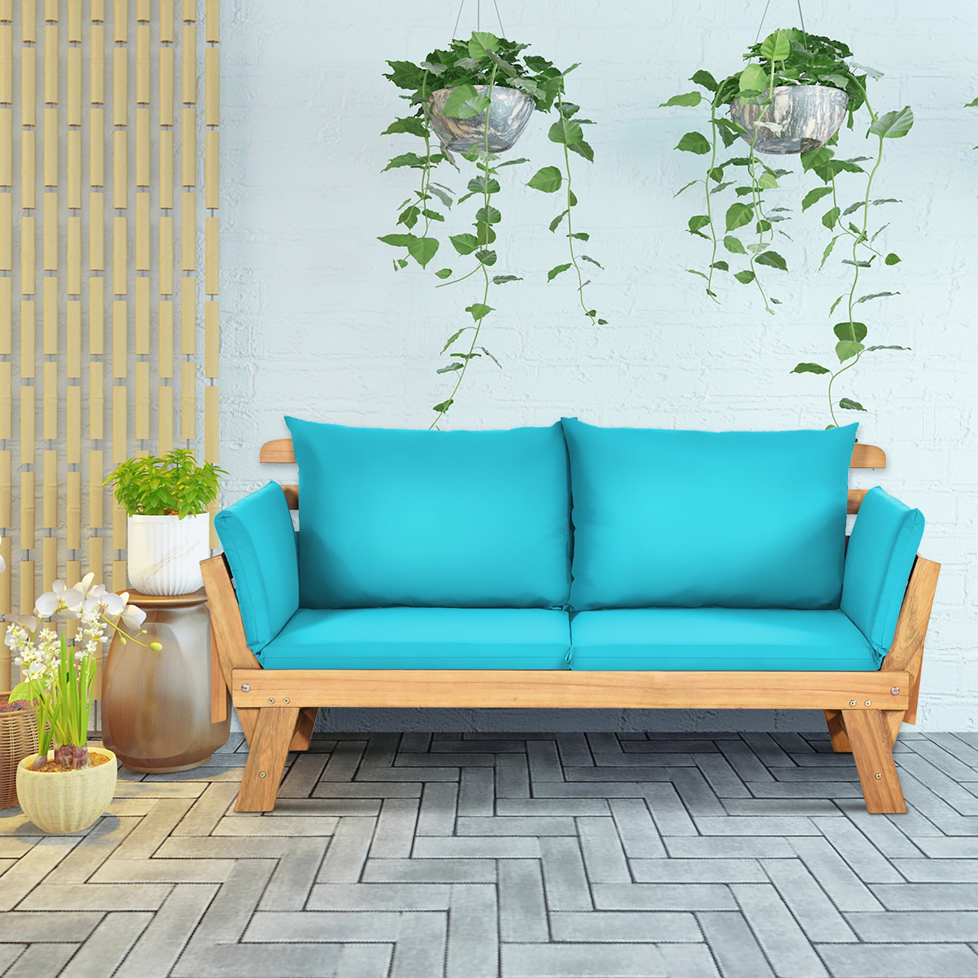 Gymax Adjustable Patio Sofa Daybed Acacia Wood Furniture w/ Turquoise Cushions