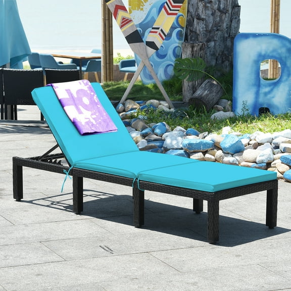 Gymax Adjustable Rattan Patio Chaise Lounge Chair Couch w/ Turquoise Cushion