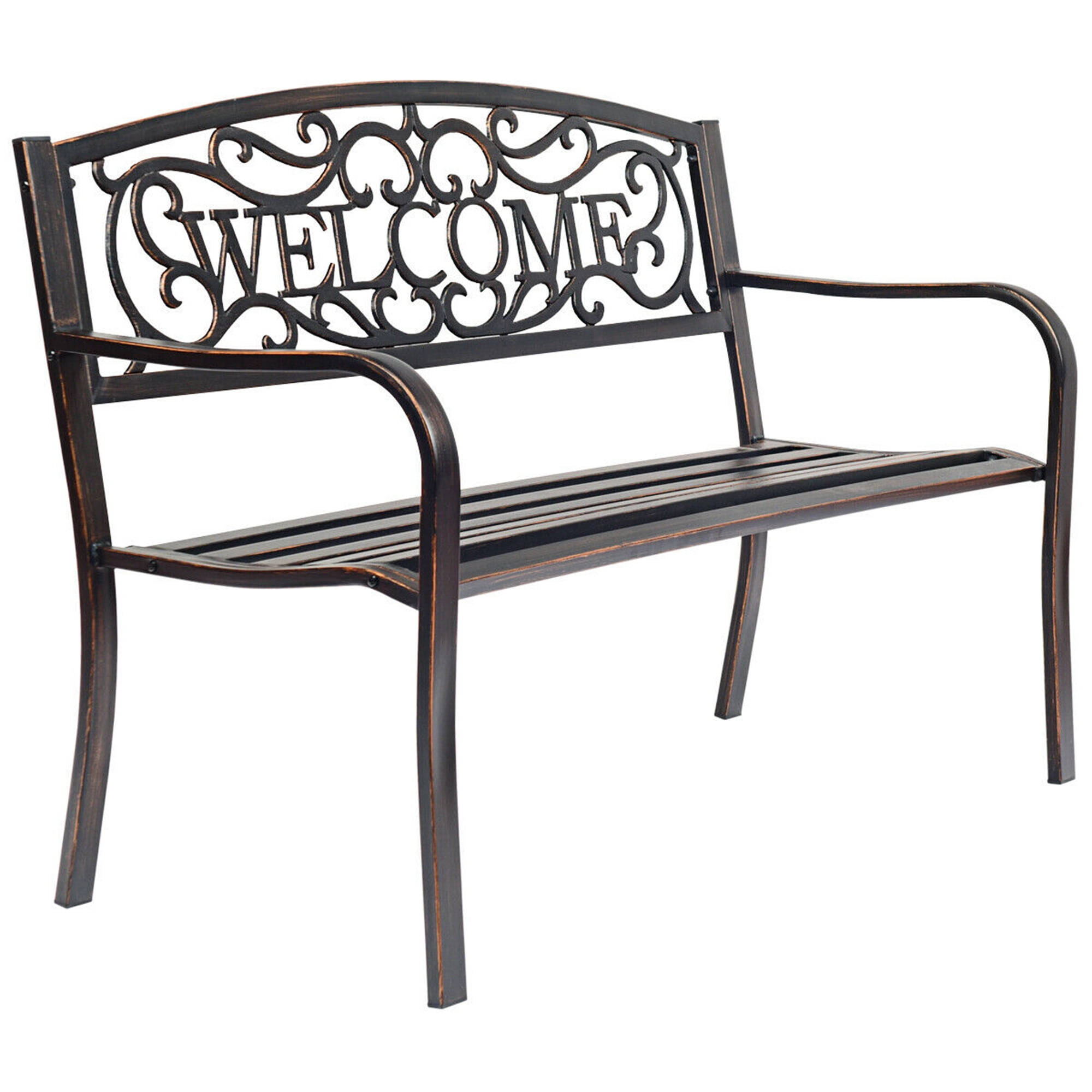 Bronze Metal Outdoor Garden Bench with Backrest and Armrests