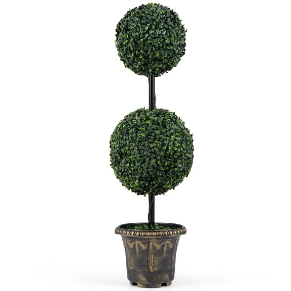 Gymax Artificial Boxwood Topiary TreeSun-Protective Double Ball ShrubsPotted Plants