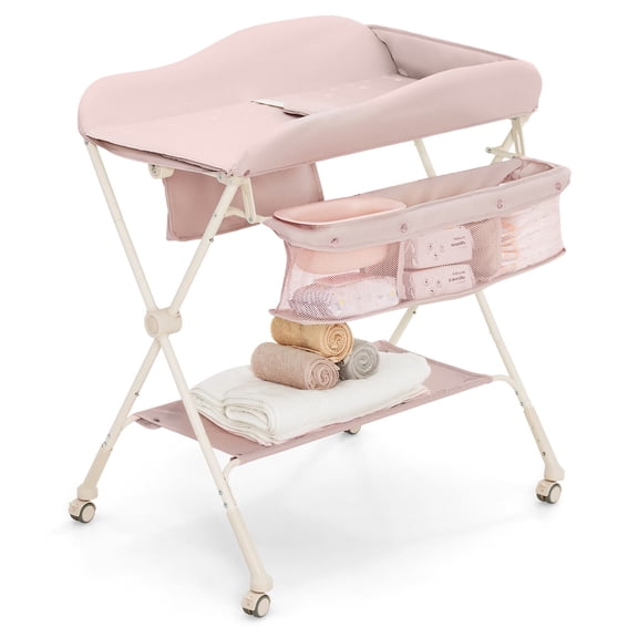 Gymax Baby Diaper Changing Table Folding Newborn Nursery Organizer W/Water Basin Wheel Pink