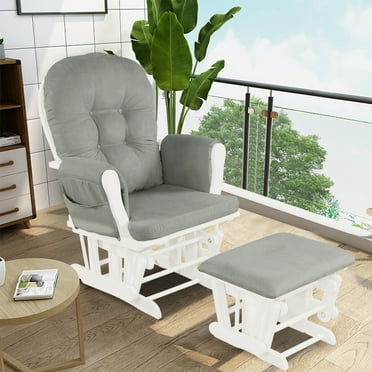 Gymax Baby Nursery Rocking Chair Glider and Ottoman Cushion Set Wood White Finish with Light Grey Cushions