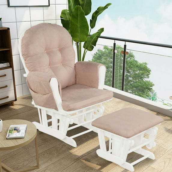 Gymax Baby Nursery Rocking Chair Glider and Ottoman Cushion Set Wood White Finish with Pink Cushions