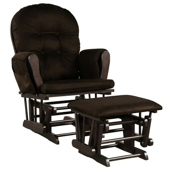 Gymax Glider and Ottoman Cushion Set Wood Baby Nursery Rocking Chair Brown