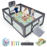 Gymax Baby Playpen Large Safe Play Yard Fun Activity Center with Mat & Soccer Nets Dark Grey