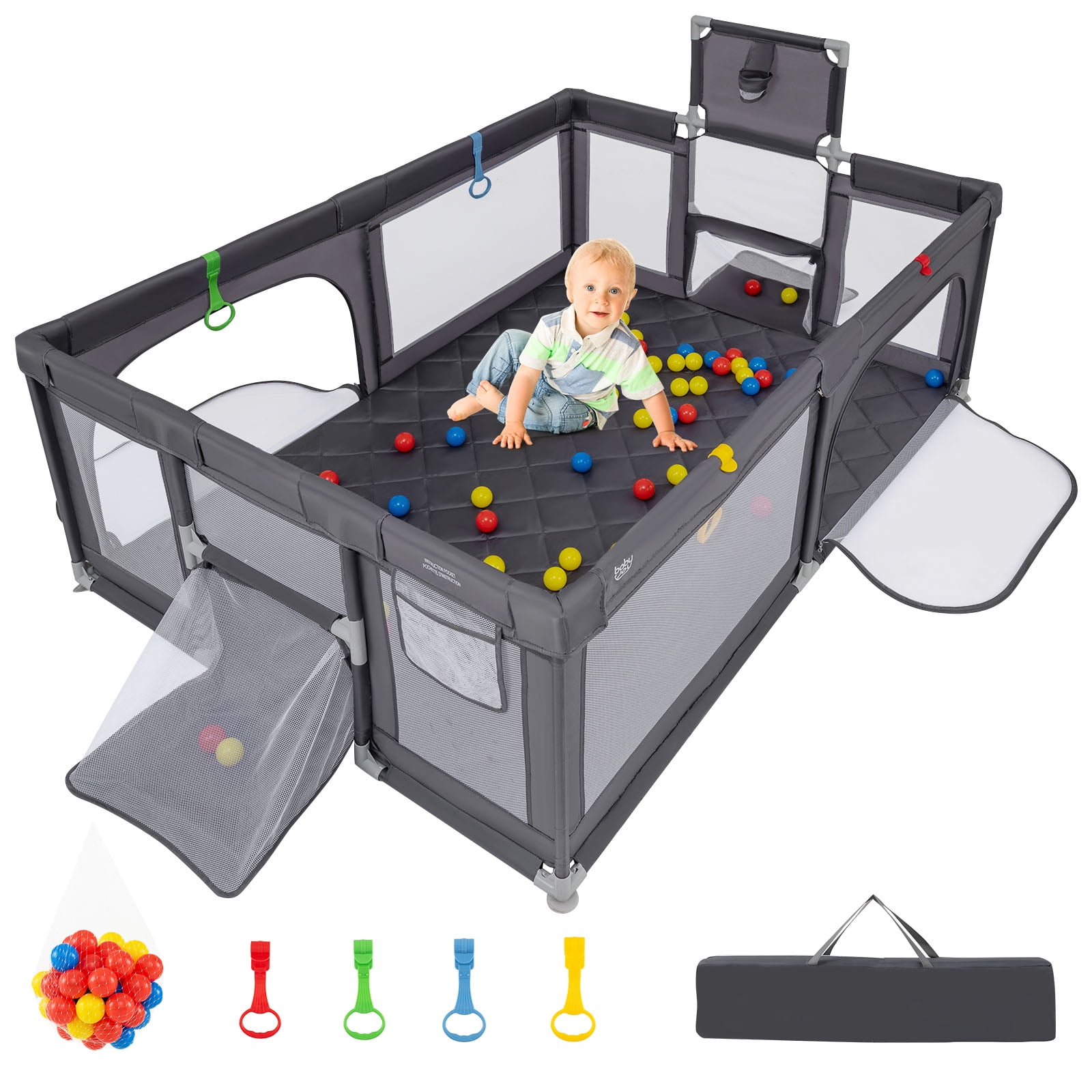 Gymax Large Baby Playpen with Mat, Basketball Hoop, Soccer Nets