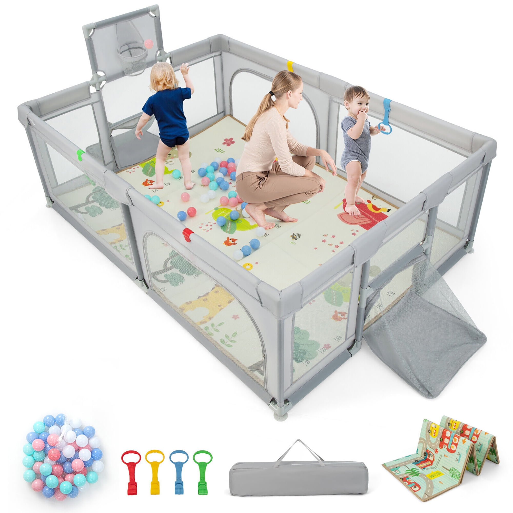 Gymax Baby Playpen Large Safe Play Yard Fun Activity Center with Mat
