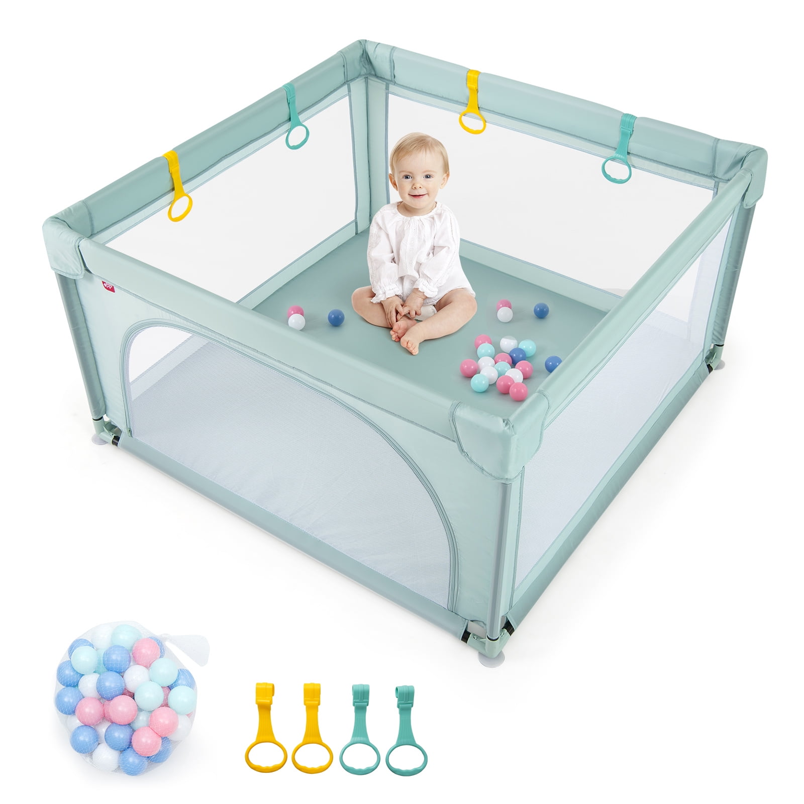 Gymax Baby Playpen for Toddlers Large Kids Activity Center w/ 50 PCS Ocean Balls & 4 Pull Rings