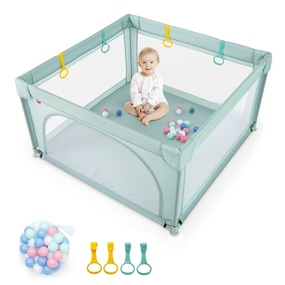 Gymax Baby Playpen for Toddlers Large Kids Activity Center w/ 50 PCS Ocean Balls & 4 Pull Rings